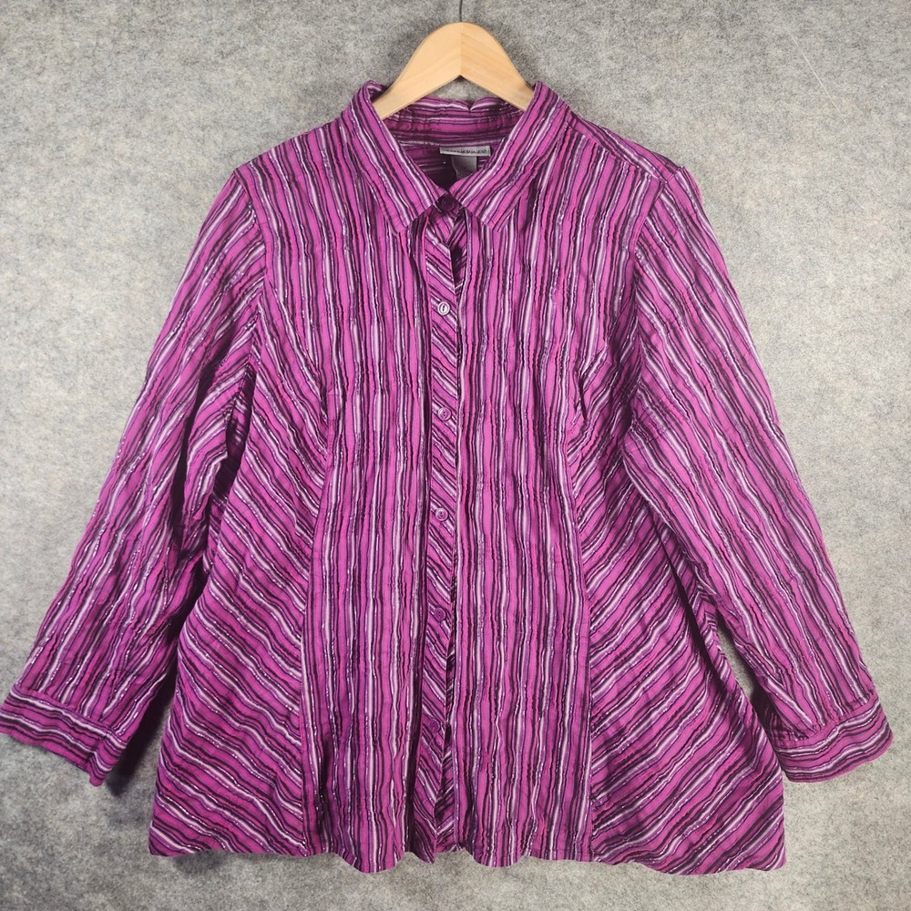 Catherines Purple Pink Striped Button Front Blouse Metallic Accents Women 1X VTG